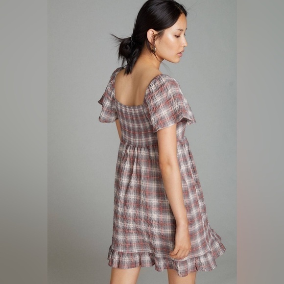 Anthropologie Maeve Flutter-Sleeved Mini Dress size small plaid - Picture 3 of 9